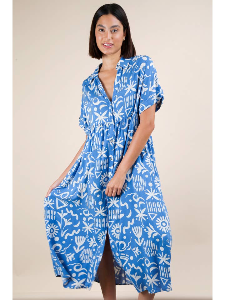 MÉLANGE COUCHER DE SOLEIL ND31583X-PLUS SIZE Robe midi à chemise imprimée surdimensionnée en vente sur Faire2