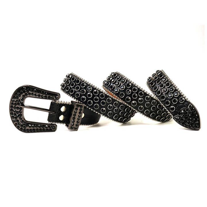 Rhinestone Belt Store - Wholesale Belt - Women's - Black Strap w Black Studded Rhinestone Belt w Black Buckle