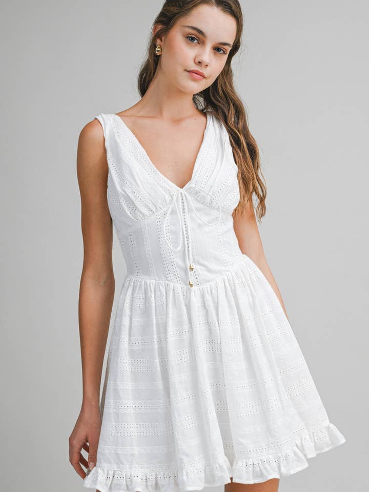 ED6014 White Eyelet V-Neck Mini Dress for wholesale by Endless Blu