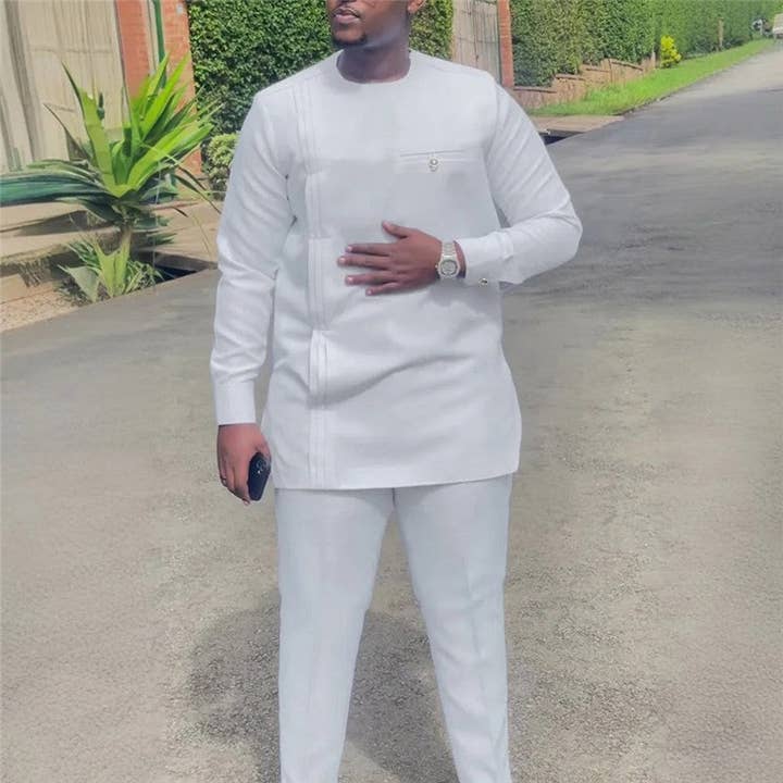 White Long Sleeve Embroidered Pants Set for wholesale by FurDecoration