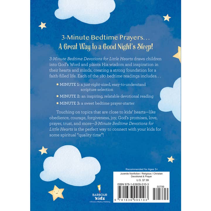 Barbour Publishing, Inc. - Wholesale Book - Kids - 3-Minute Bedtime Devotions for Little Hearts