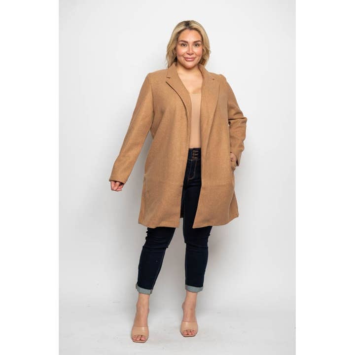PLUS SIZE COLLARED OPEN FRONT POCKETS LONGLINE COAT for wholesale by Curve Market
