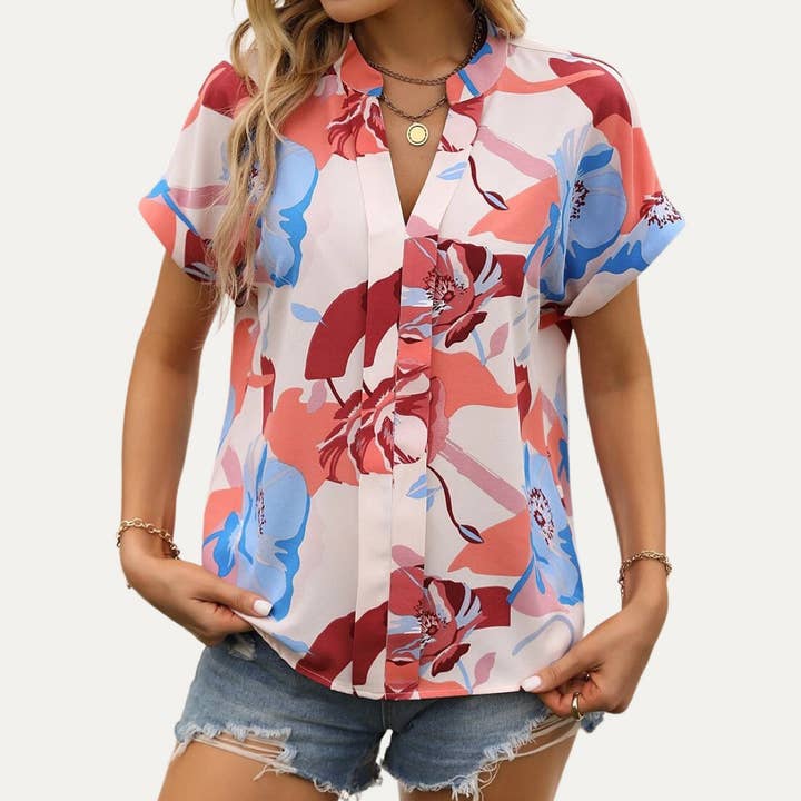 The Moment Collection - Wholesale Button Down Shirt - Women's - Always Trendy Multi-Color Printed V-Neck Short Sleeve Top