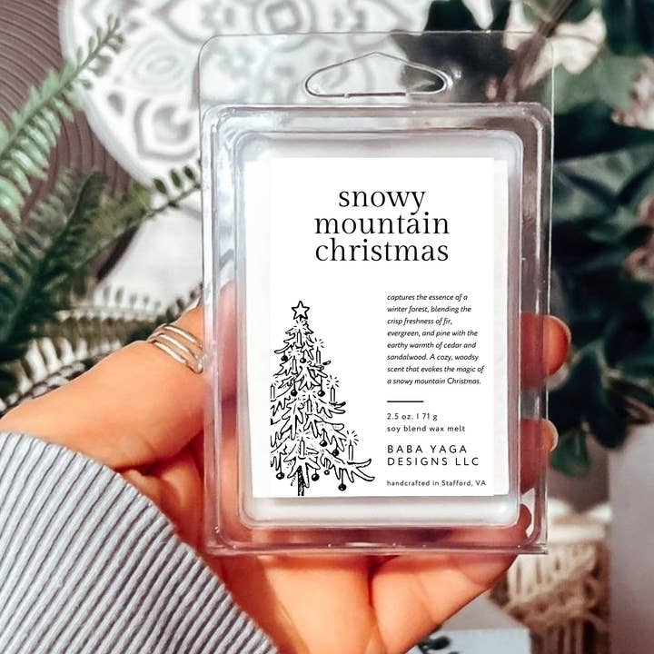 Snowy Mountain Christmas Wax Melts, Holiday Winter Forest for wholesale by Baba Yaga Designs LLC