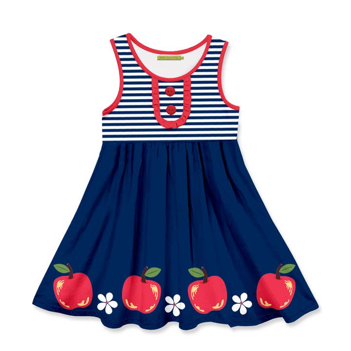 Millie Loves Lily - Wholesale Dress - Kids - Navy Vintage Apple Border Button-Accent Dress