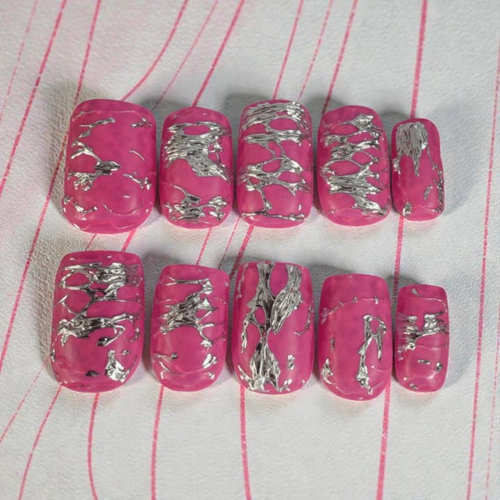 Hand painted press on nails pink and silver for wholesale by OVER THE TOP NAILS
