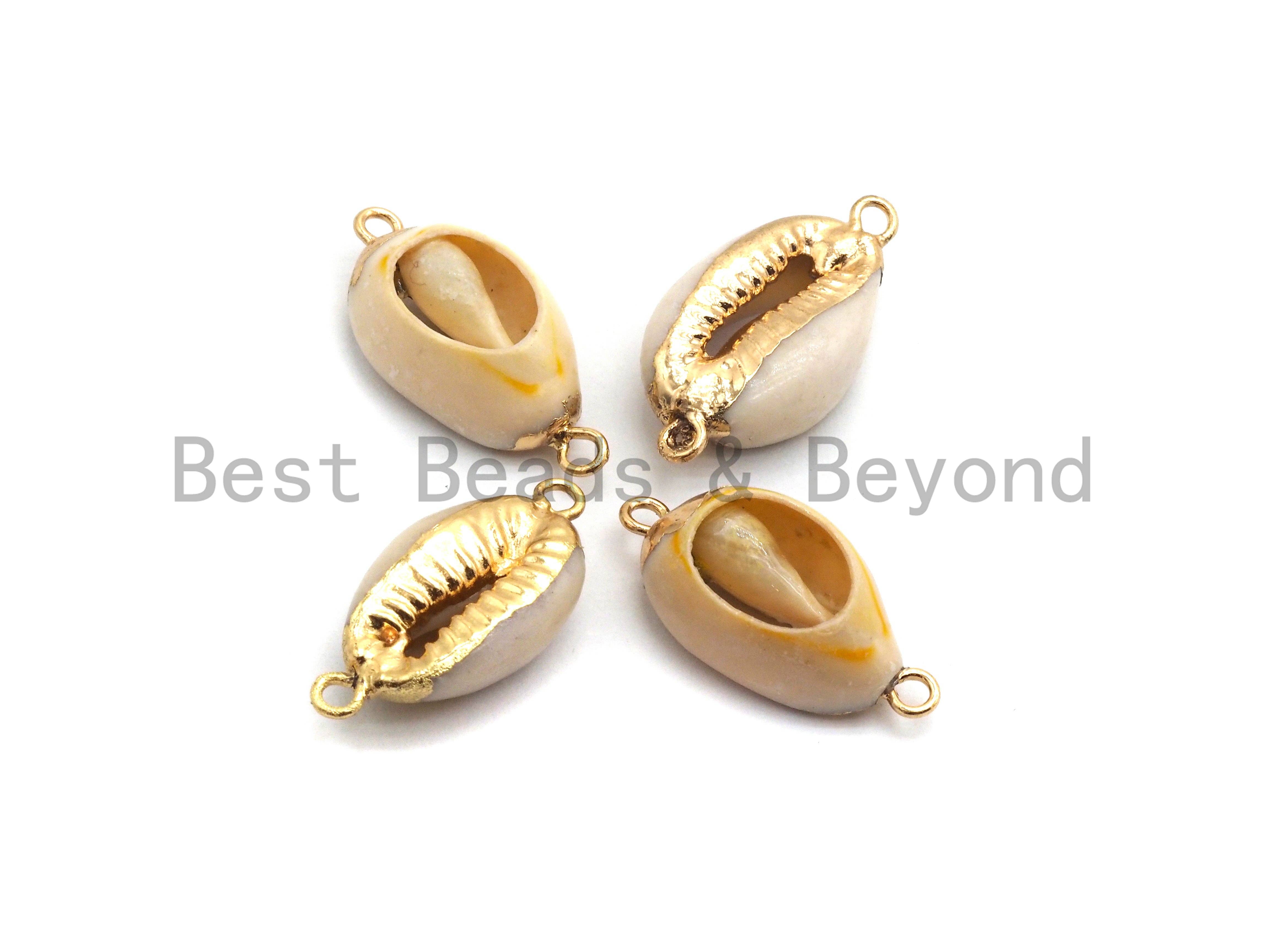 BestBeads&Beyond - Wholesale Individual Charm/Pendant - Gold Plated Cowrie Shell Connector, Double Bails Cowrie, Cowrie Charms, Gold Cowrie, Cowrie Necklace, Boho Charm, 12x24mm, Sku#V38