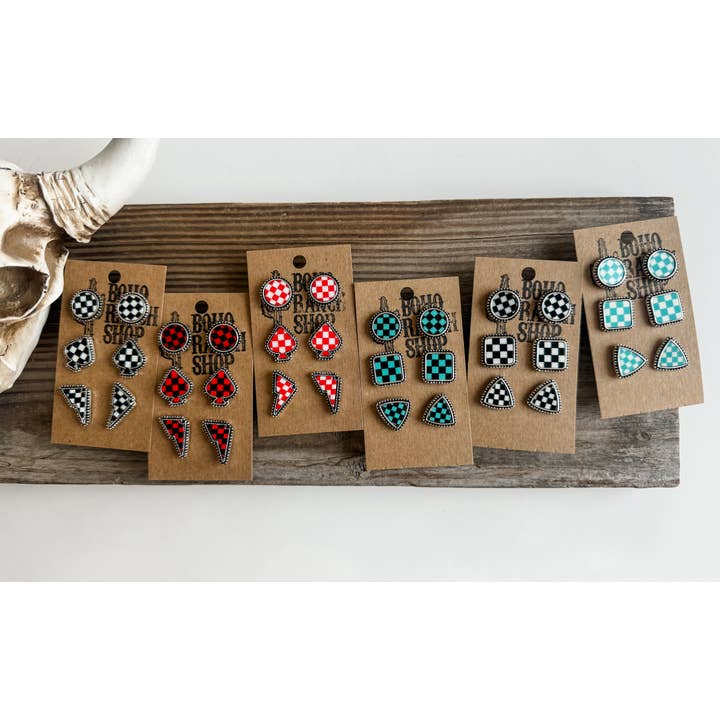 Boho Ranch Shop - Wholesale Jewelry Set - Western Checker Shape Post Combo Earring Set1