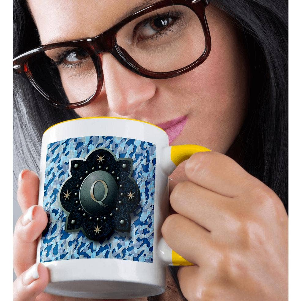 3dRose - Wholesale Coffee Mug - 3dRose, Letter Q- Image of metal badge over blue camo pattern, Mug1