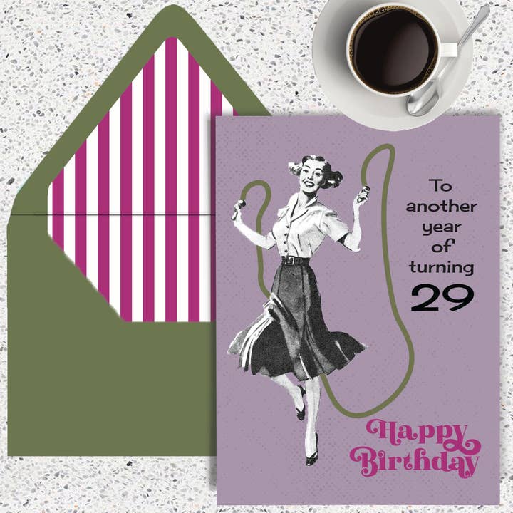 Another Year of 29 Funny Vintage Birthday Card for wholesale by Mod Lounge Paper Company