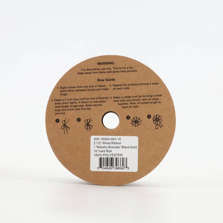 LA Ribbons Wholesale - Wholesale Ribbon - Gift Wrapping - 2 1/2" Wired Ribbon | "Metallic Brocade" Black/Gold | 10 Yard Roll
5