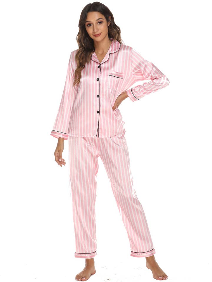 pinkblu02 - Wholesale Pyjamaset - Dames - Dames Casual Satijnen Pyjamaset met Lange Mouwen en Revers3