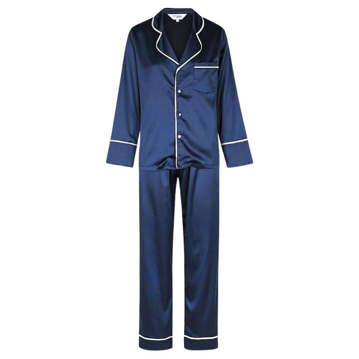 Satin Personalised Pyjama Winter Set - Long Sleeve & Long Pants Navy/White for wholesale by Midnight Mischief