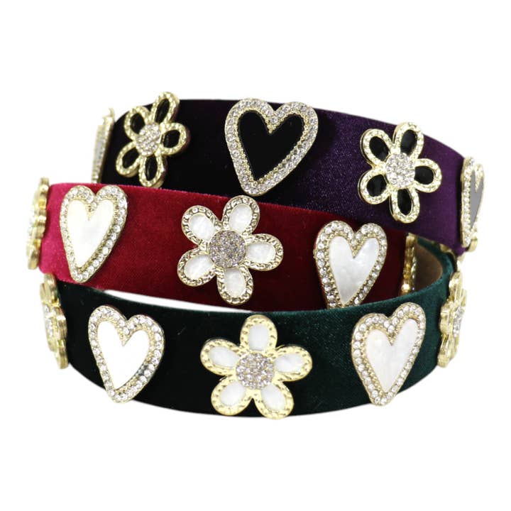 Heart Flower Charm Velvet Headband HB21027-16 (12PC) for wholesale by TAPA fashion