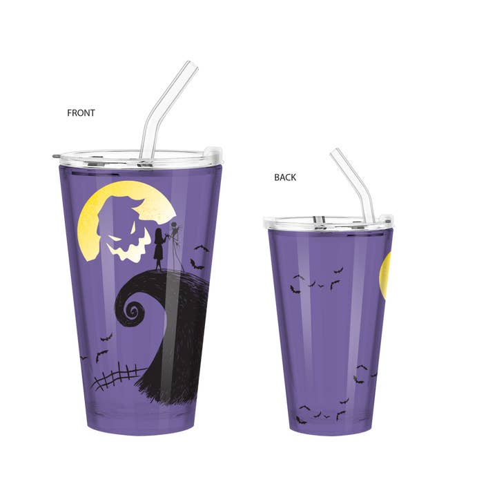 NBC Oogie Moon Bats 16oz Pint Glass w Lid and Glass Straw for wholesale by Silver Buffalo