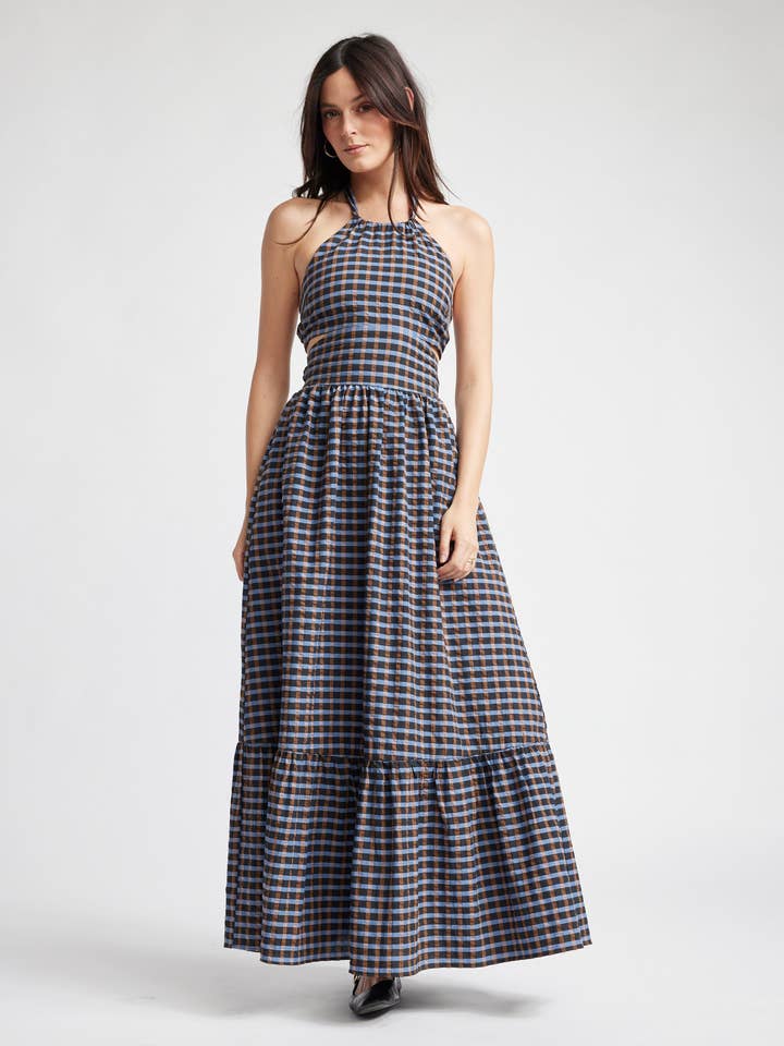 Blue Brown Checkers Isolde Maxi Cut Out Dress for wholesale on Faire0