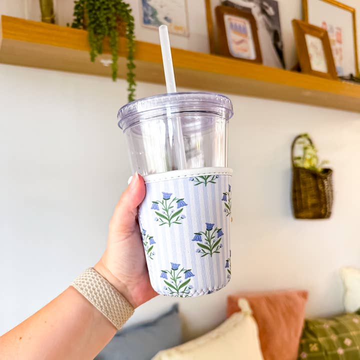Oak Shore Collective LLC - Wholesale Drink Huggers & Koozies - Bellflowers and Stripes | Iced Coffee Sleeve