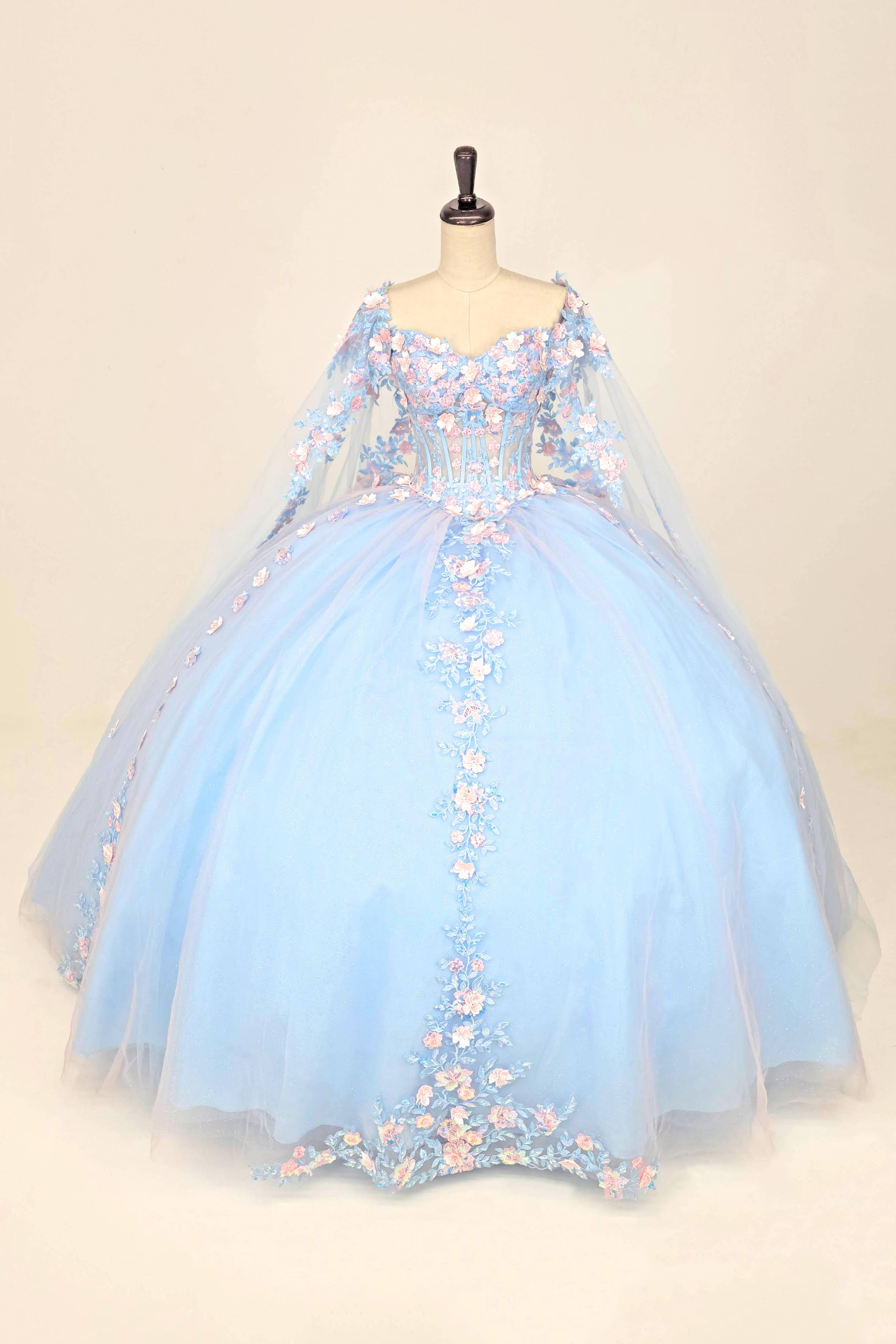 Baby Blue Quinceanera Dress With Pink Flowers and Cape CHF3117 for wholesale on Faire0