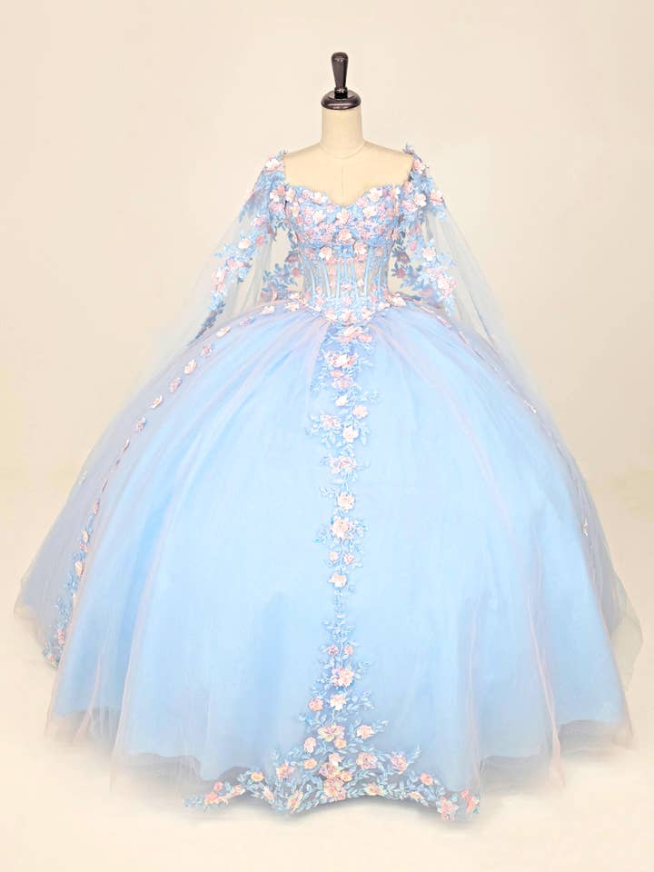 Quinceanera Dress With Pink Flowers and Cape CHF3117 for wholesale by Chicas