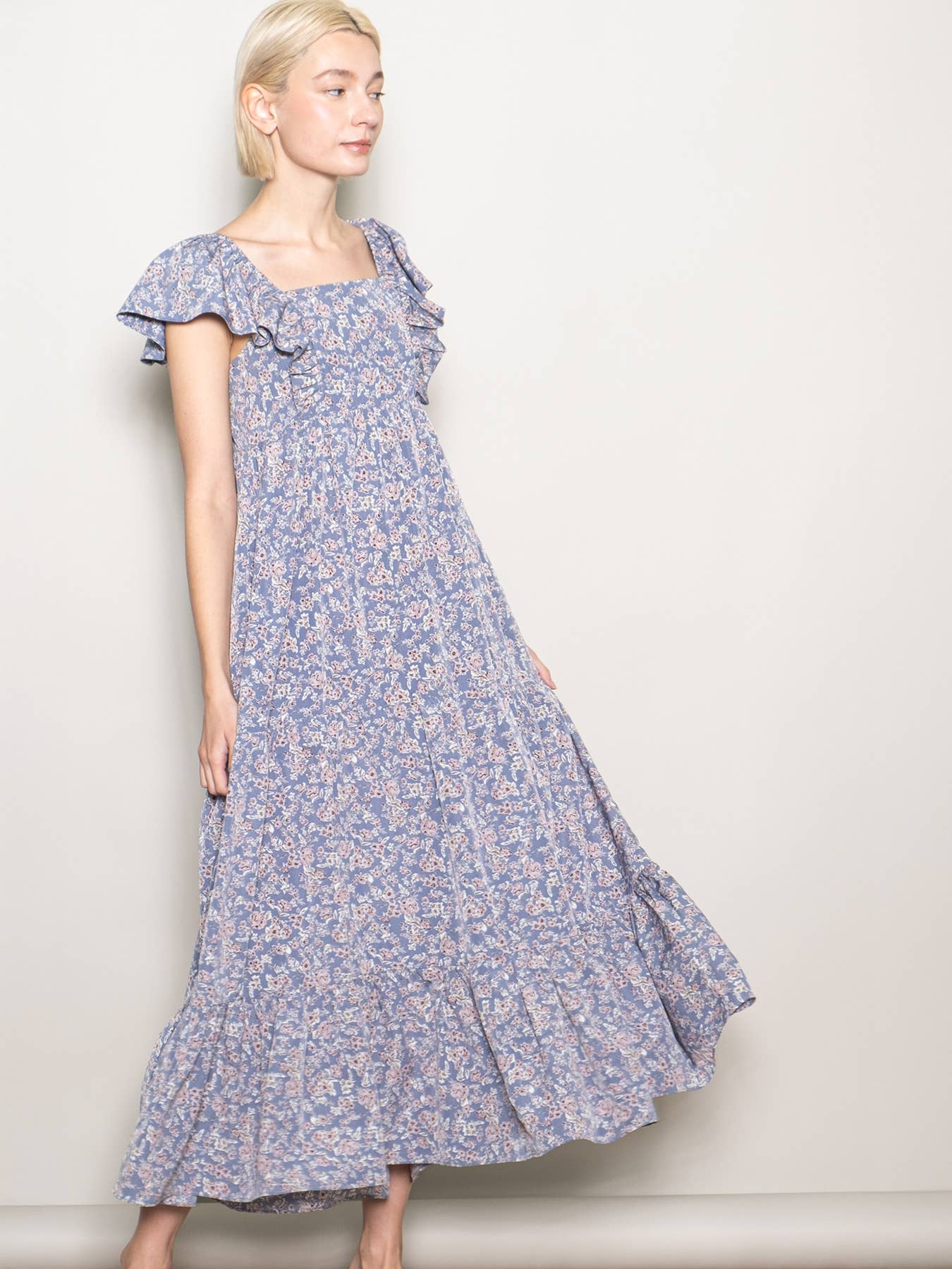 Elloh Collection - Wholesale Dress - Women's - On Off Shoulder Ruffle Sleeve Wide Flare Tiered Maxi Dress6