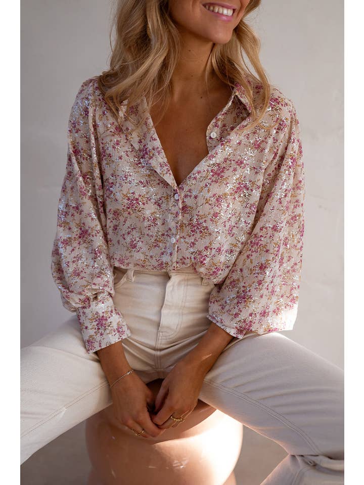 Pink Bishop Sleeve Collared V Neck Shirt for wholesale on Faire
