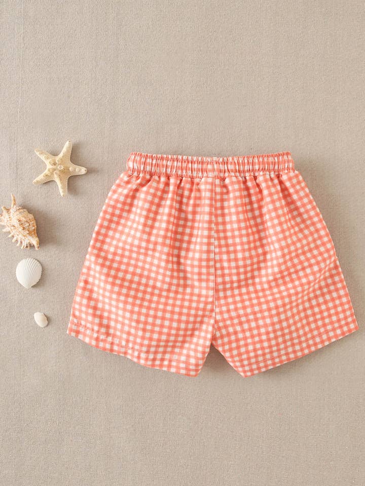 Dadati – Großhandel Badeanzug – Kinder – Jungen-Badeanzug mit orangefarbenem Vichy-Karo-Muster1