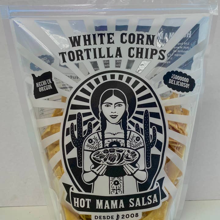 Chips de maïs blanc pour la vente par Hot Mama Salsa