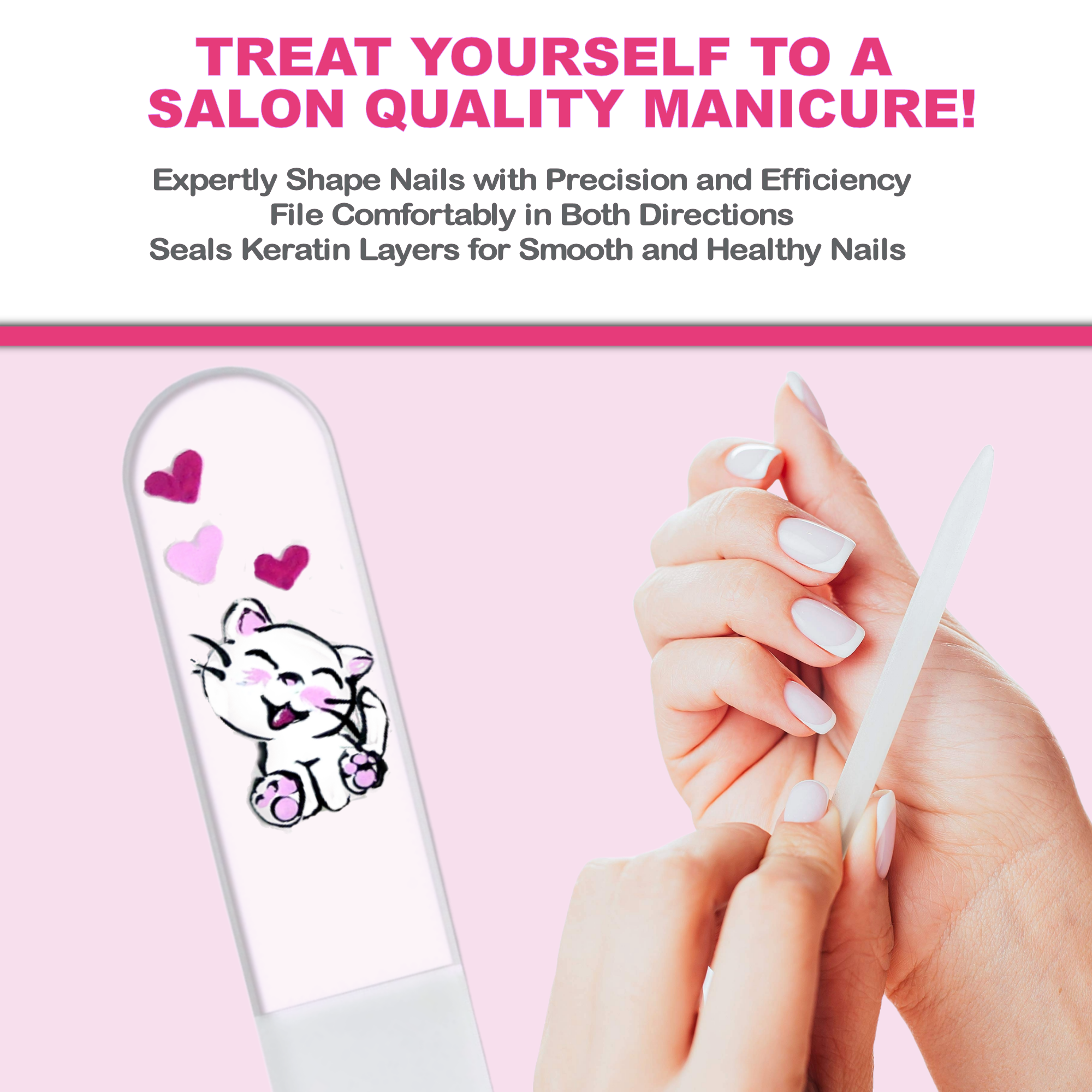 Classy Nail Files - Vendita all'ingrosso Lime per unghie - Lima per unghie in cristallo dipinta a mano con gattino bianco e cuore.5