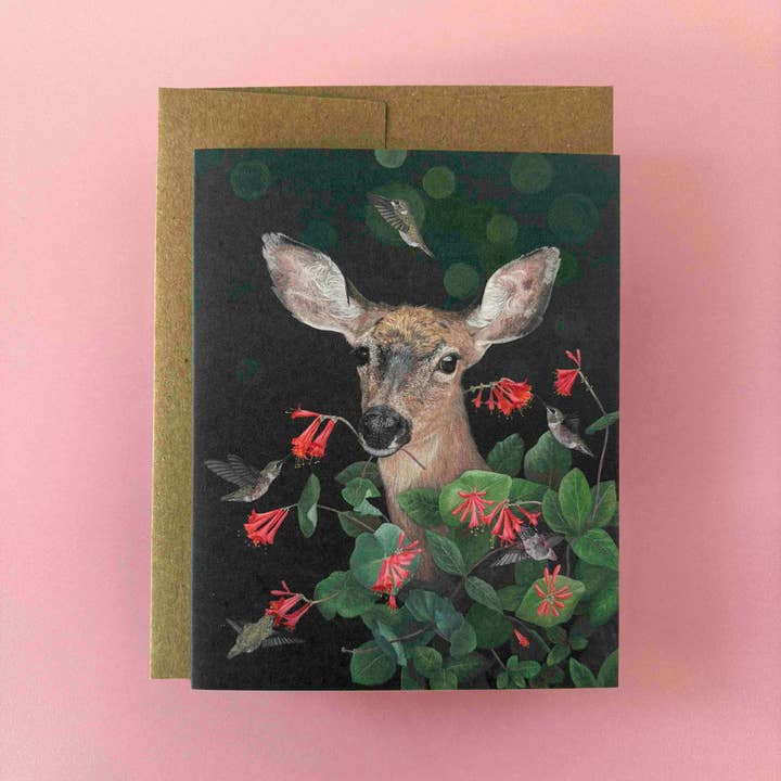 Carte de vœux en forme de cerf et de colibri pour la vente par Bekah Zeimetz Art
