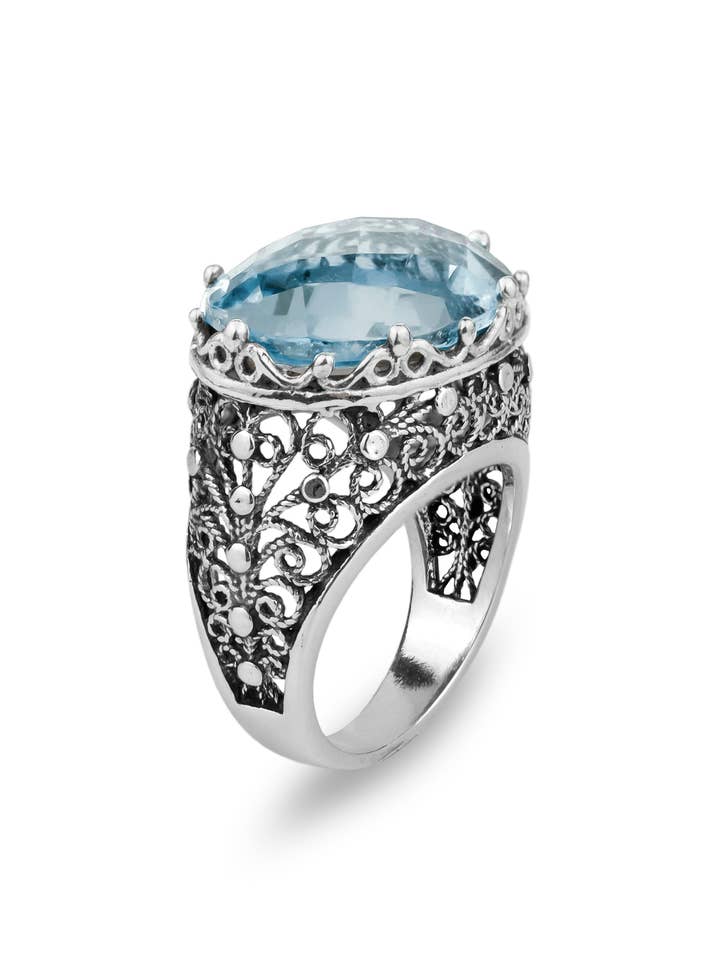 Art Blue Topaz Gemstone Woman Sterling Silver Dome Ring for wholesale by Filigranist Jewelry