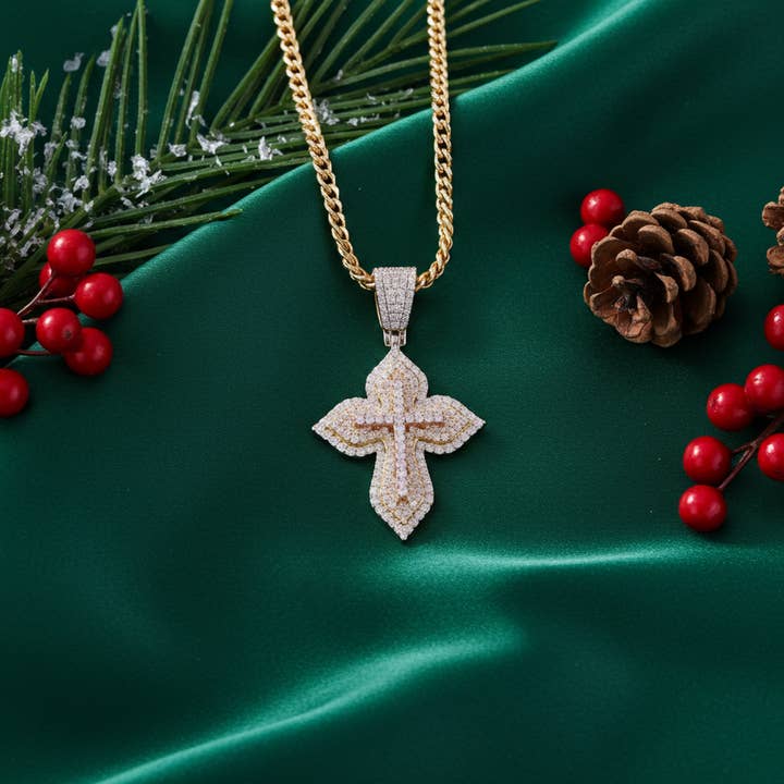 King Of Bling's Yellow 3.00 VVS D Moissanite Silver Charm Cross Floury Pendant Men's & Women's for wholesale by KING OF BLINGS