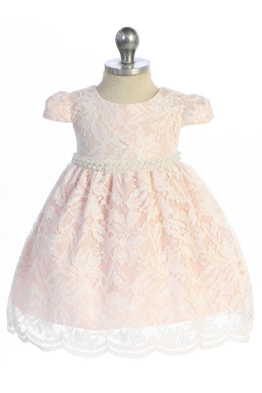 Kid's Dream - Wholesale Dress - Baby - Lace V Back Bow Baby Dress w/ Thick Pearl Trim0