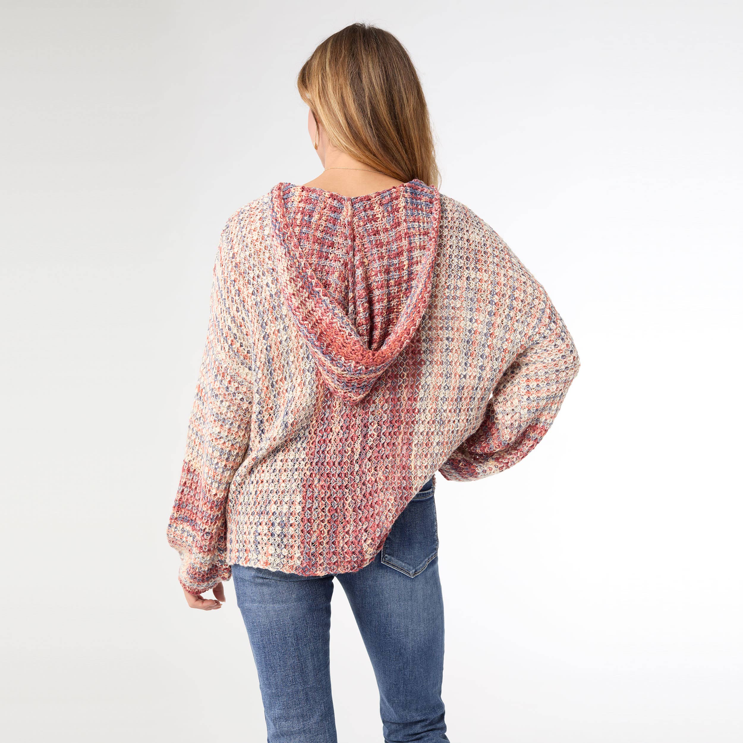 Bourgogne/Naturel Pull à capuche multicolore à col en V Neville en vente sur Faire1