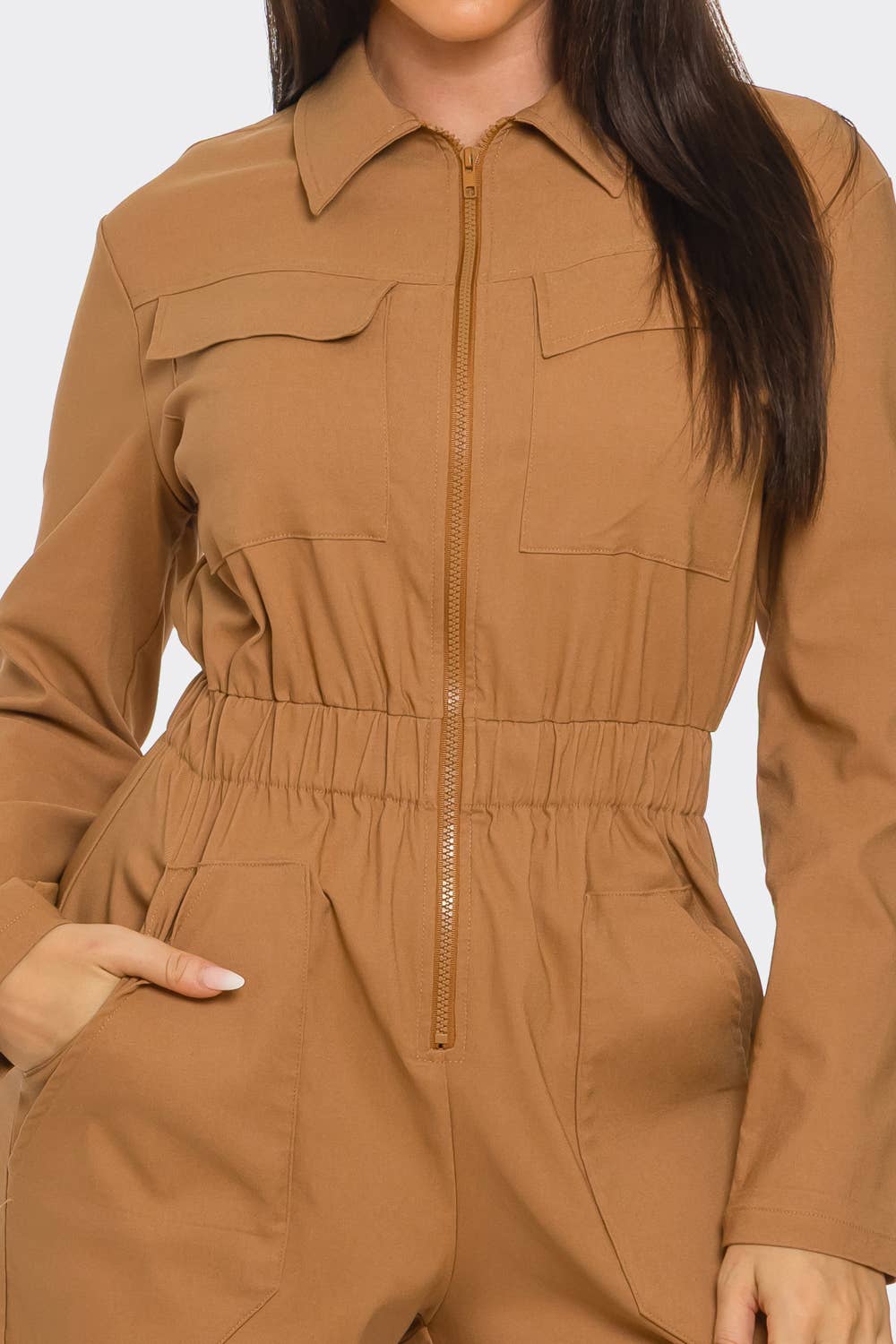 Camel Front Zipper Detail Elastic Waistband Jumpsuit for wholesale on Faire4