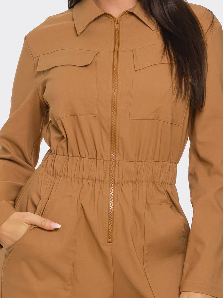 Camel Front Zipper Detail Elastic Waistband Jumpsuit for wholesale on Faire4