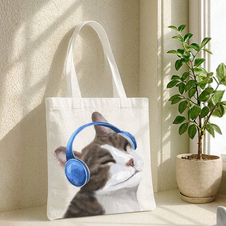 Headphones Cat Canvas Tote Bag for wholesale by MerikaArt