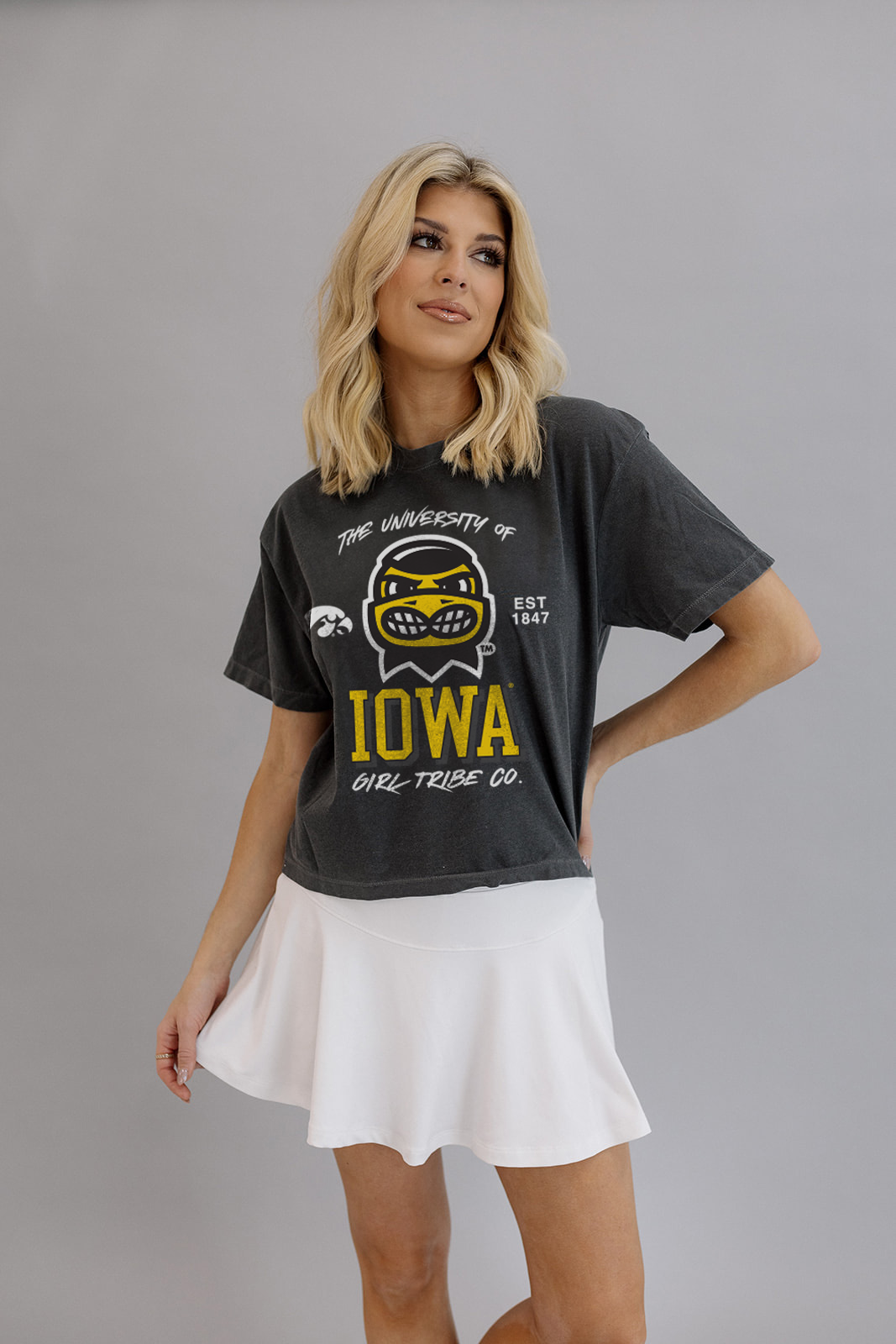 Girl Tribe Co - Wholesale Screen Printed T-Shirt - Women's - University Of Iowa: Iowa Herky the Hawkeye Classic Crop Tee1
