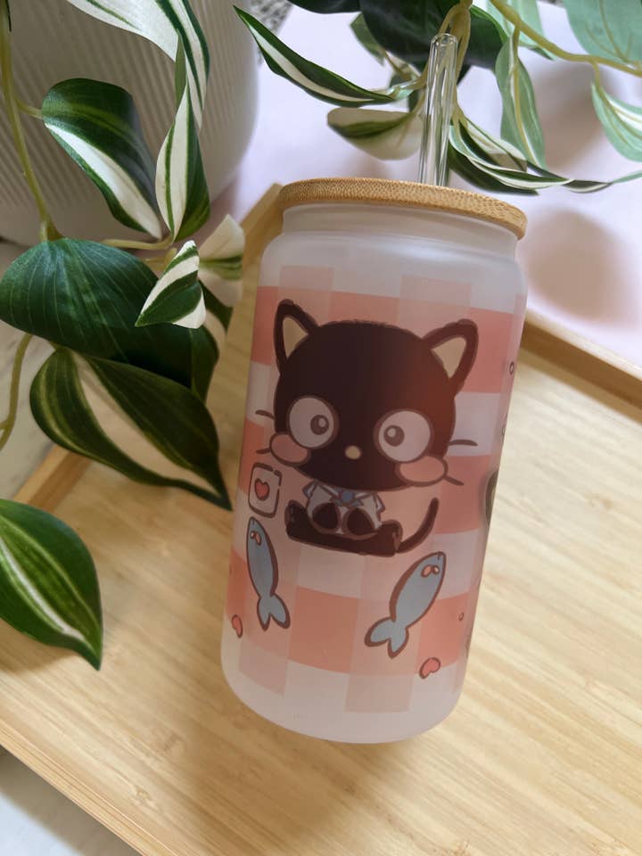 Chocolate Love Kitty 16oz Frosted Glass Tumbler with Glass Straw for wholesale by Peony Lee Art