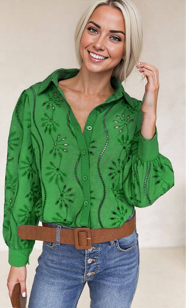 Anna Kaci Wholesale - Vente Chemise à col boutonné – femme - Blouse à manches longues boutonnée en broderie anglaise10