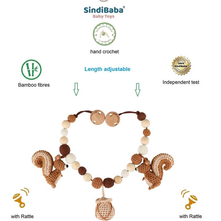 SindiBaba – Großhandel Kinderwagenabdeckung/-zubehör – Baby – Gehäkelte Kinderwagenkette Eichhörnchen NUTTY in Braun