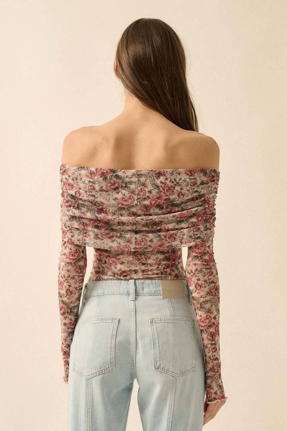 Promesa USA - Wholesale Bodysuit - Women's - Floral Mesh Long-Sleeve Off-Shoulder Bodysuit5