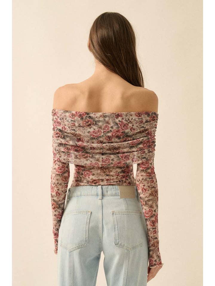 Promesa USA - Wholesale Bodysuit - Women's - Floral Mesh Long-Sleeve Off-Shoulder Bodysuit5