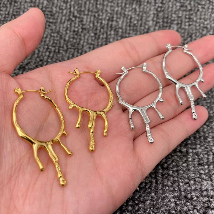 18K Gold Plated Stainless Steel Lava Drop Hoop Earrings -FGS for wholesale by Mio Queena