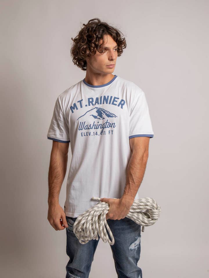 T-SHIRT M/C TAMBOUR WHITE/DENIM for wholesale by American People