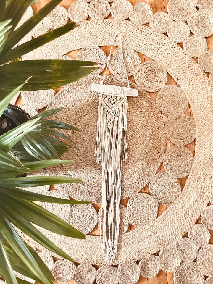 Macrame Wall Hanging on Selenite Wand for wholesale by Maple + Love