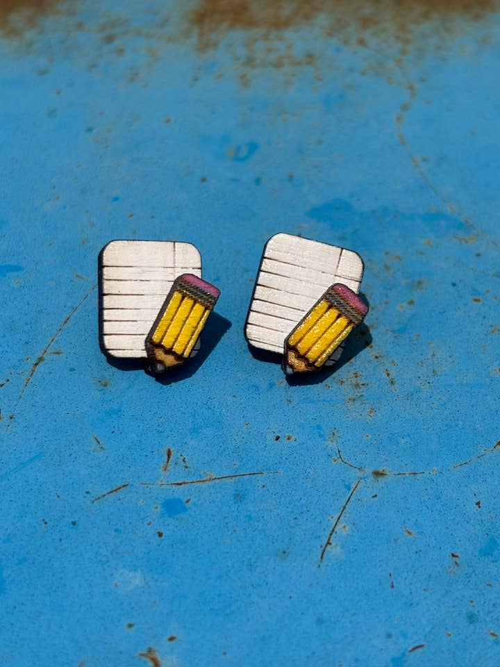 Back to school notebook paper and pencil stud earrings for wholesale by Wood’N Sass