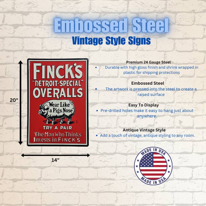 Placa de Aço Estilo Vintage Fincks Detroit Overalls por atacado de The Vintage Retro Sign Company