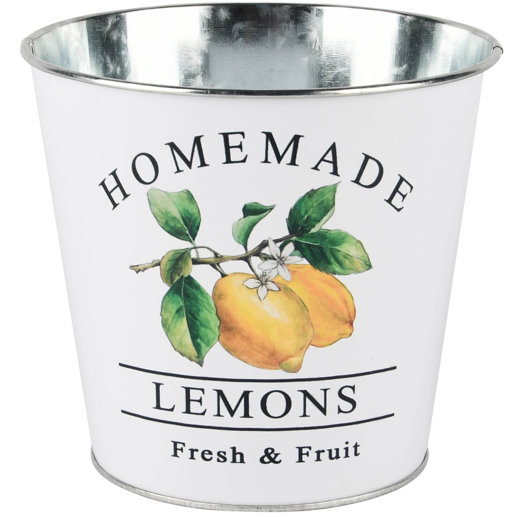 white Flowerpot round 'Lemon Love', metal, 15x15x14cm for wholesale on Faire0