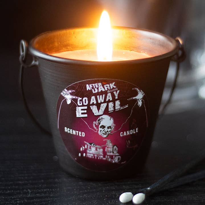 Go Away Evil Gothic Halloween Candle Bucket for wholesale by Something Different Wholesale