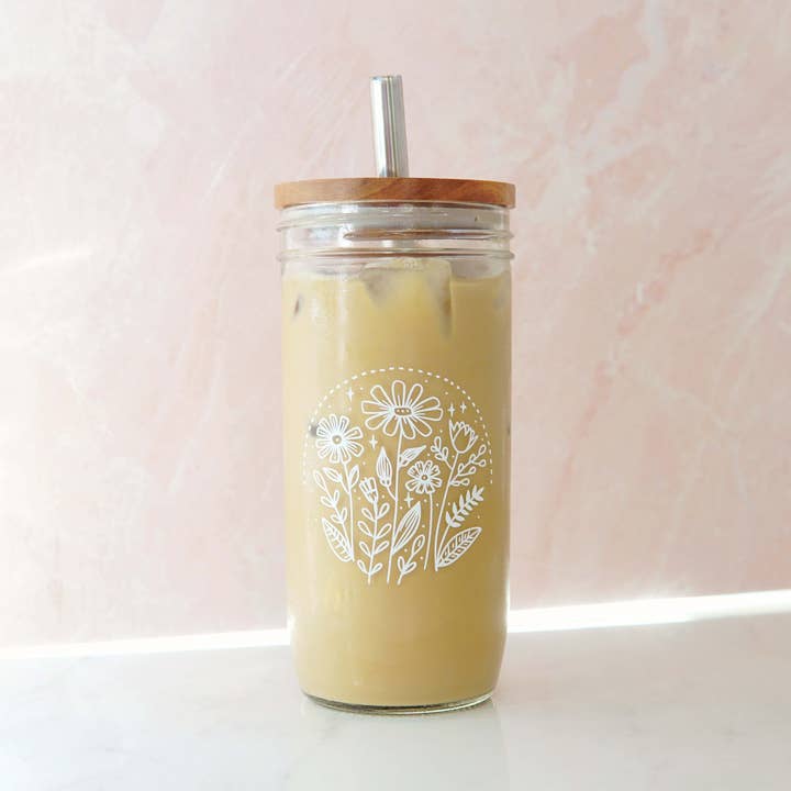 Forest Cove Home - Wholesale Drinking Glass/Cup - Wild Flowers Floral 22 oz Glass Tumbler + Top + Straw